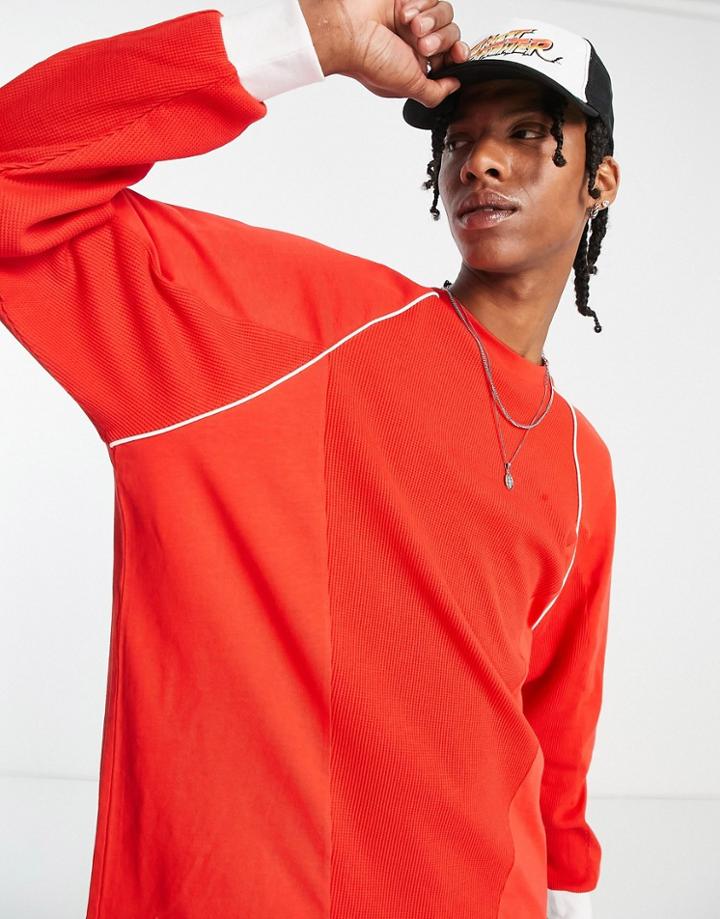 Asos Design Long Sleeve Oversized Waffle T-shirt In Red With White Piping