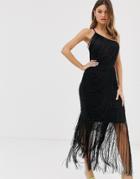 Asos Design All Over Drape Fringe One Shoulder Midaxi Dress - Black