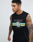 Asos Design Sleeveless T-shirt With Dropped Armhole With White Tiger Emblem Print - Black
