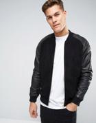 Asos Suede Bomber Jacket With Leather Sleeves In Black - Black