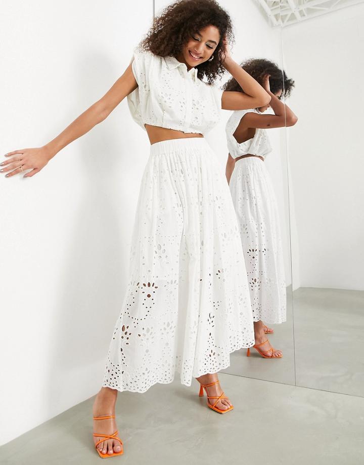 Asos Edition Pleat Waist Eyelet Midi Skirt In White
