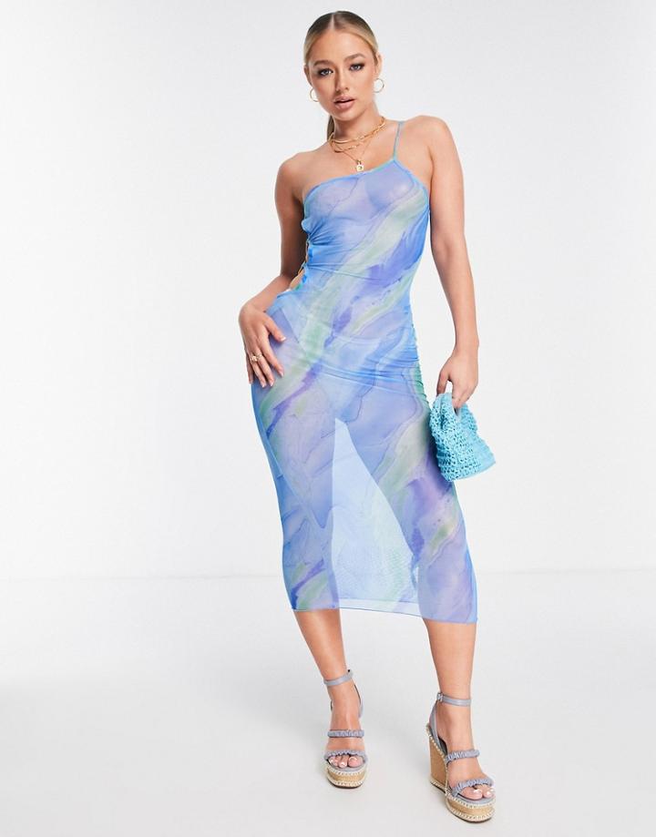 Asos Design One Shoulder Mesh Beach Midi Dress In Blue Swirl