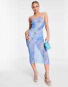 Asos Design One Shoulder Mesh Beach Midi Dress In Blue Swirl
