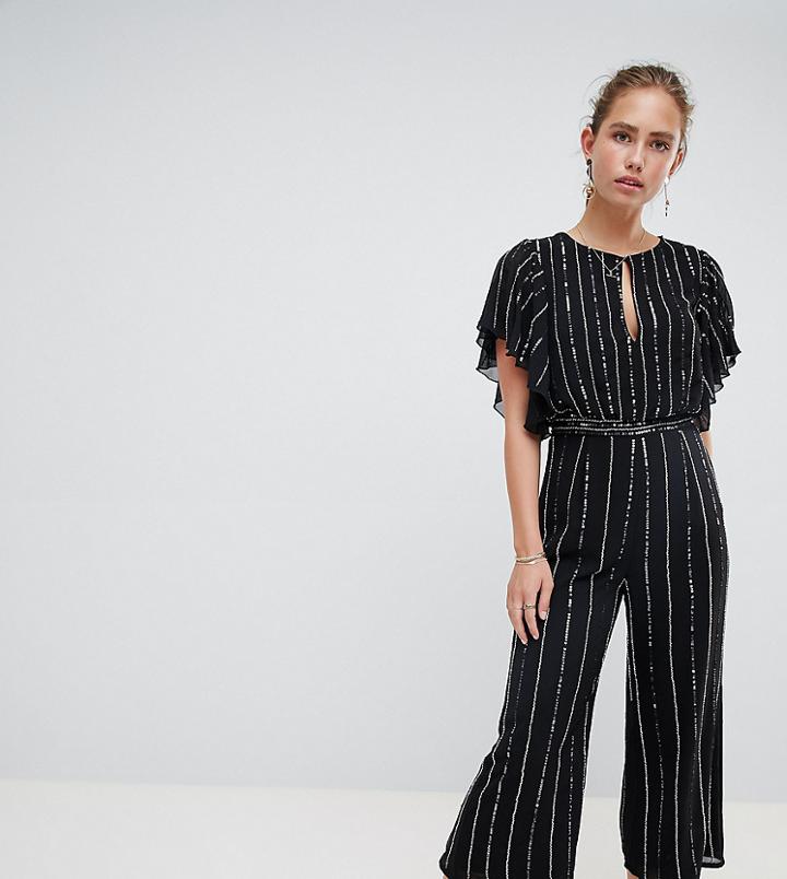 Miss Selfridge Jumpsuit In Glitter Stripe And Angel Sleeve