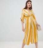 River Island Smock Midi Dress With Knot Detail In Stripe - Yellow
