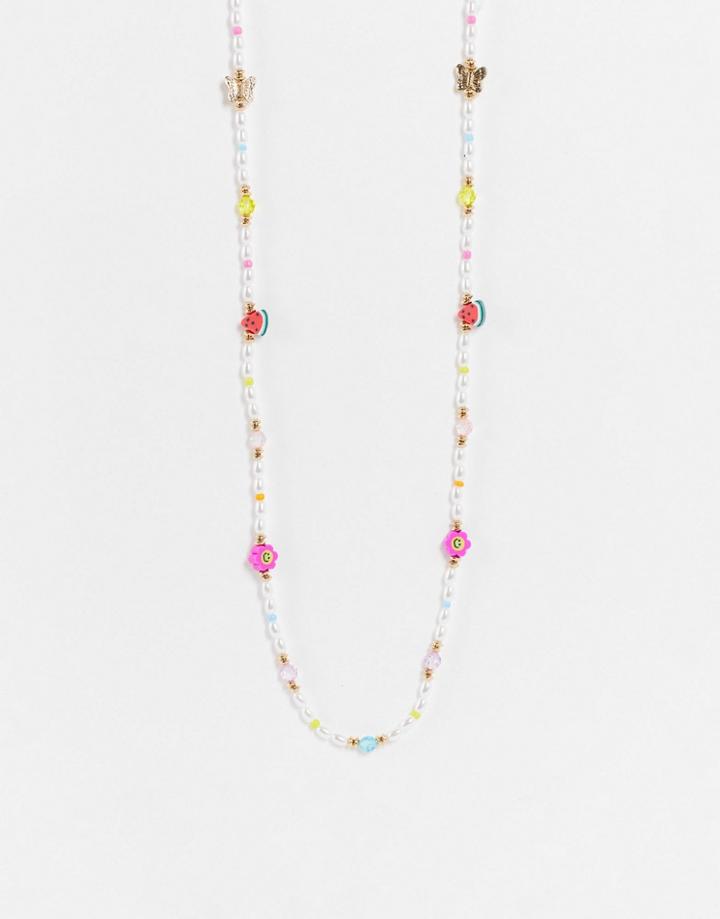 Asos Design Sunglasses Chain In Happy Face Flower And Pearls-multi