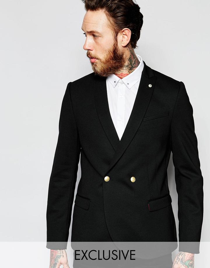 Noose & Monkey Double Breasted Jersey Blazer With Stretch And Gold Buttons In Super Skinny Fit - Black