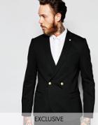 Noose & Monkey Double Breasted Jersey Blazer With Stretch And Gold Buttons In Super Skinny Fit - Black