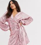 Club L London Petite Sequin Wrap Front Mini Skater Dress In Pink