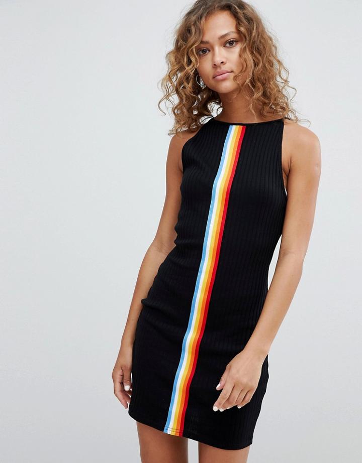 Heartbreak Ribbed Dress With Rainbow Sports Stripe - Black