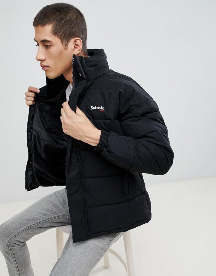 Schott Nebraska Puffer Jacket Stowaway Hood Regular Fit In Black - Black