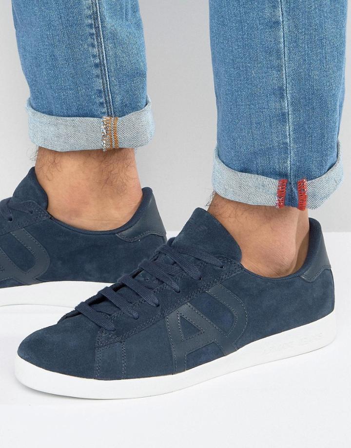Armani Jeans Suede Logo Sneakers In Navy - Navy