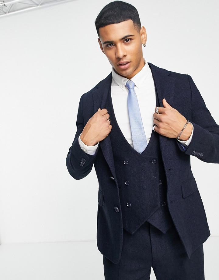 Gianni Feraud Wedding Wool Mix Navy Herringbone Slim Fit Suit Jacket