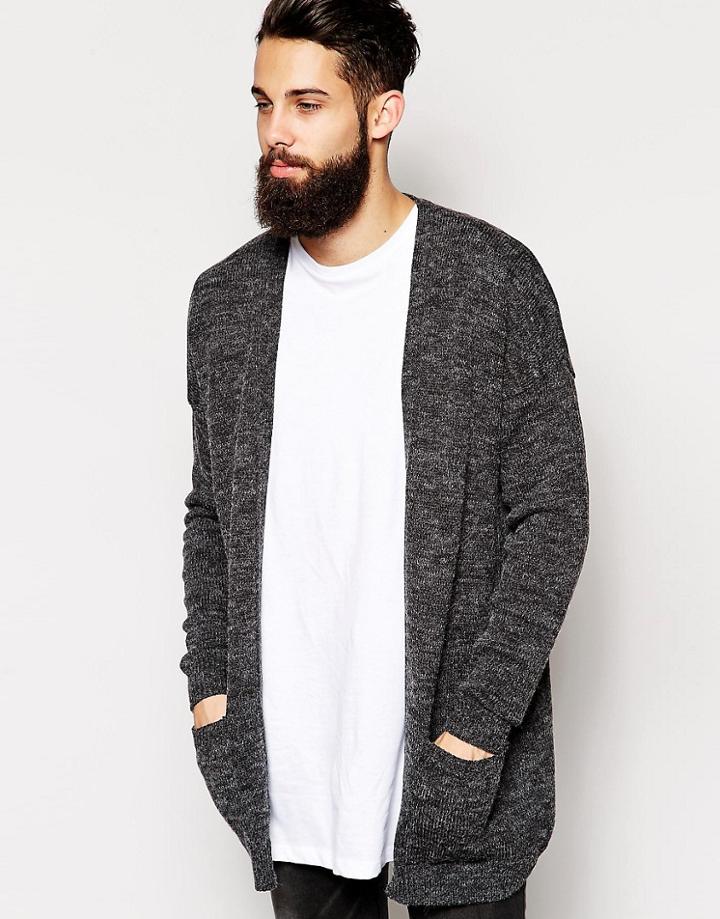 Asos Longline Cardigan In Brushed Texture - Gray