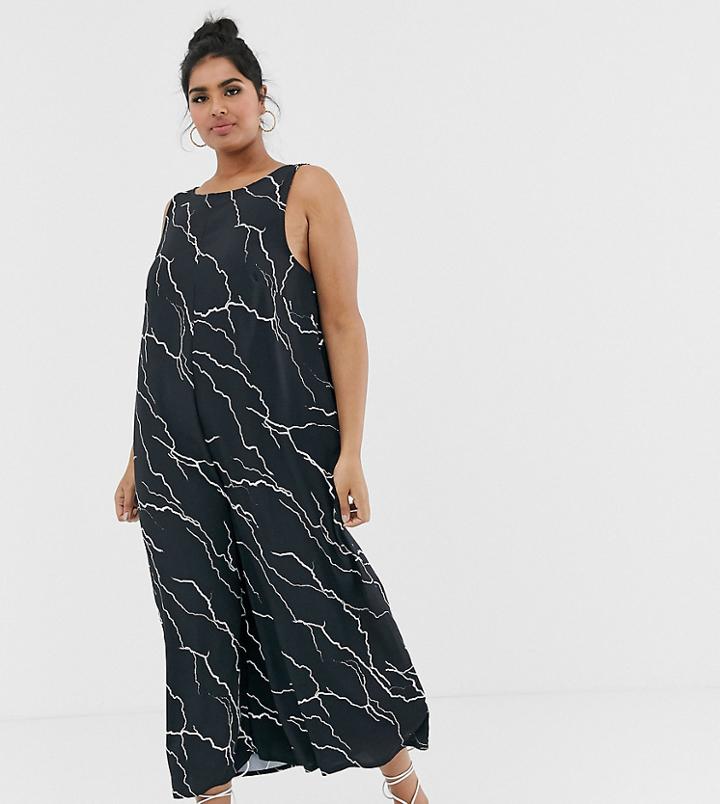 Another Reason Plus Relaxed Wide Leg Jumpsuit With Open Back In Lightening Print-multi