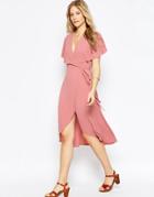 Asos Wrap Midi Dress With Cape Detail - Pink