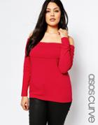 Asos Curve Bardot Off Shoulder Top With Long Sleeves - Red