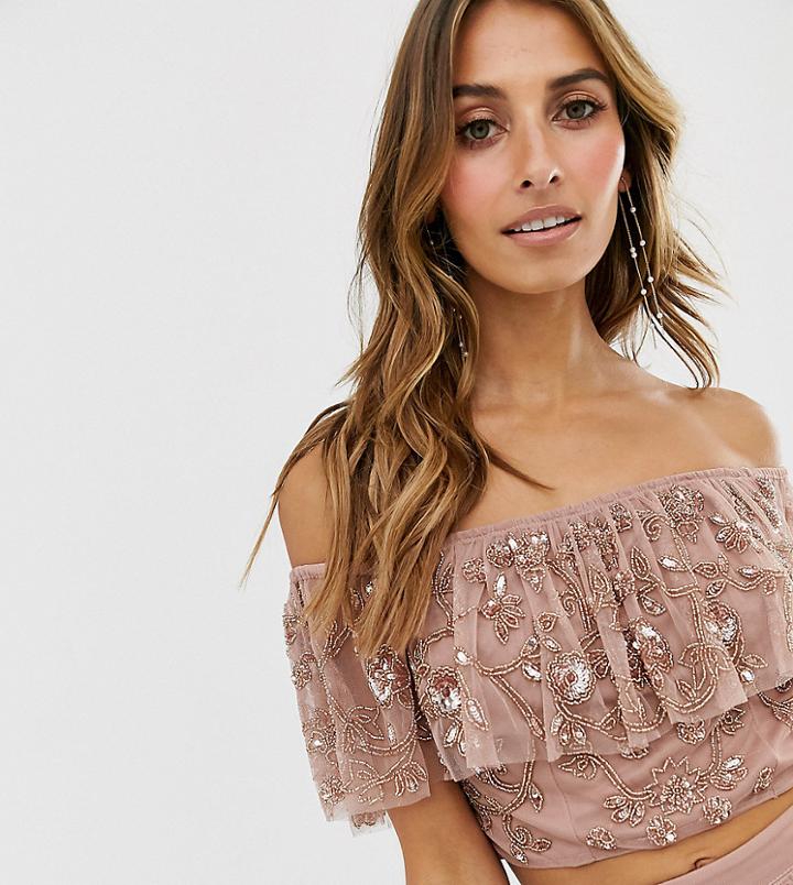 Maya Frill Off Shoulder All Over Embellished Crop Top In Mauve-purple