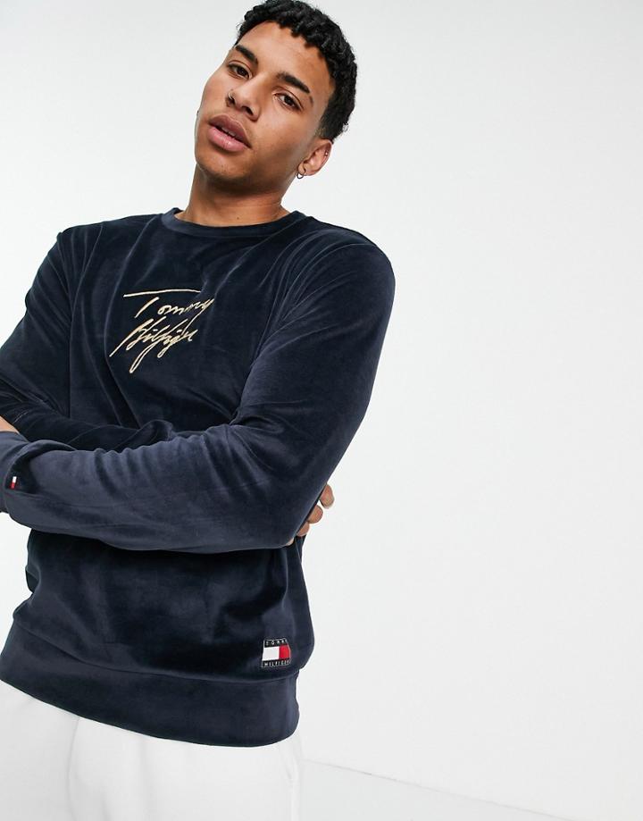 Tommy Hilfiger Lounge Velour Sweatshirt In Navy With Gold Script Logo