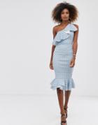 Asos Design Ruffle One Shoulder Midi Dress With Grosgrain Straps In Polka Dot-blue