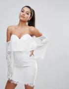 Love Triangle All Over Lace Off Shoulder Pencil Dress With Fluted Sleeve Detail - White