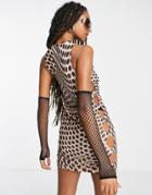 Noisy May Cut Out High Neck Mini Dress In Brown Wavy Spot Print