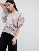 Flounce London Ruffle Detail Blouse With Tie Waist In Pink - Pink