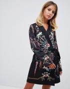 Asos Design Embroidered Wrap Mini Dress With Long Sleeves-multi