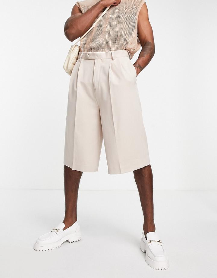 Asos Design Smart Longline Wide Shorts In Stone-neutral