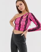 Asos Design One Shoulder Cut Out Top In Neon Pink Snake Print - Multi