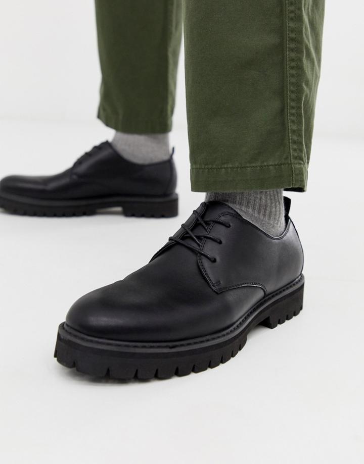 Asos Design Derby Lace Up Shoes In Black Faux Leather With Black Sole - Black