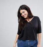 Asos Curve T-shirt With V-neck In Linen Mix - Black