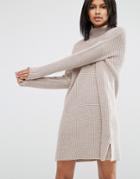 Asos Swing Dress In Rib Knit With Top Pocket - Beige