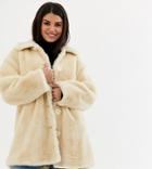 Asos Design Petite Faux Fur Button Through Coat In Cream - Cream