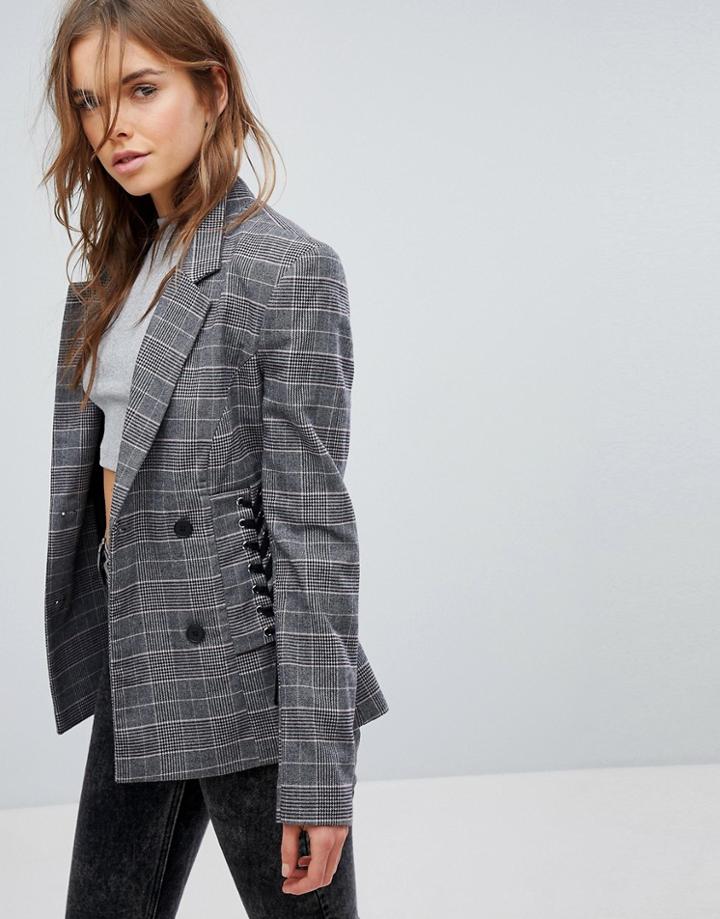 Bershka Check Lace Up Blazer - Multi