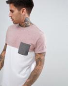 Asos Design T-shirt With Curved Hem And Contrast Yoke In Pink Interest Fabric - White
