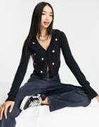 Hollister Slim Pointelle Embroidered Cardigan In Black