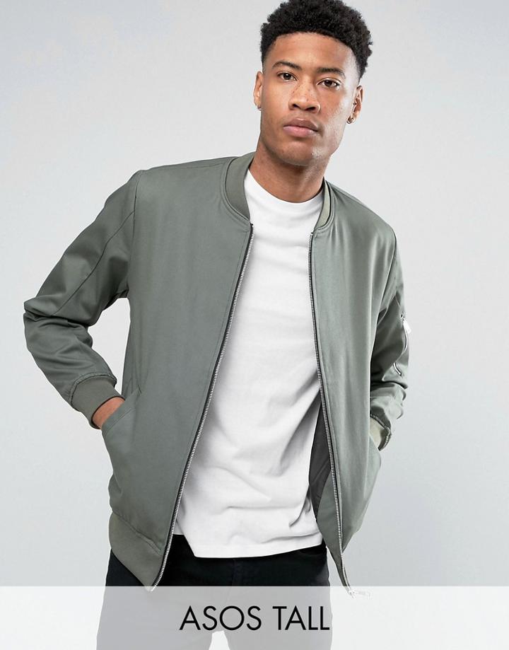 Asos Tall Bomber Jacket With Sleeve Zip In Khaki - Green