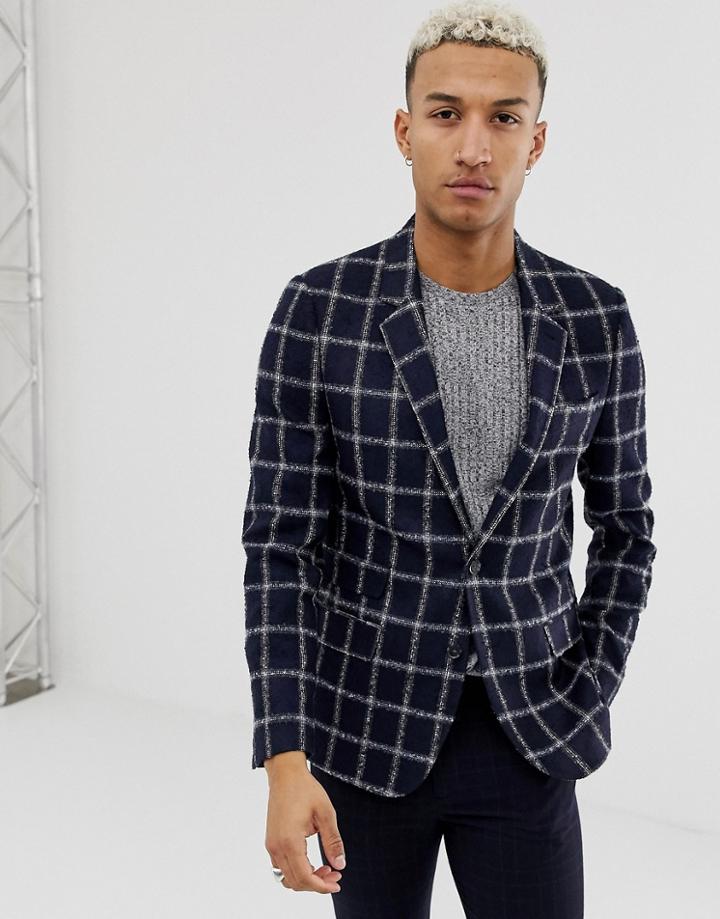 Asos Design Slim Windowpane Blazer In Navy