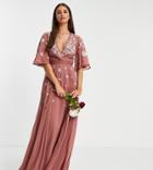 Asos Design Tall Bridesmaid Flutter Sleeve Wrap Waist Maxi Dress With Tonal Floral Embroidery-pink