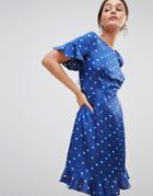 Traffic People Frill Hem Midi Dress In Polka Print - Navy