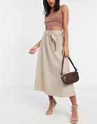 Asos Design Leather Look Belted Midi Skirt In Beige-brown
