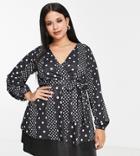 Yours Wrap Blouse In Mixed Polka Dot-black