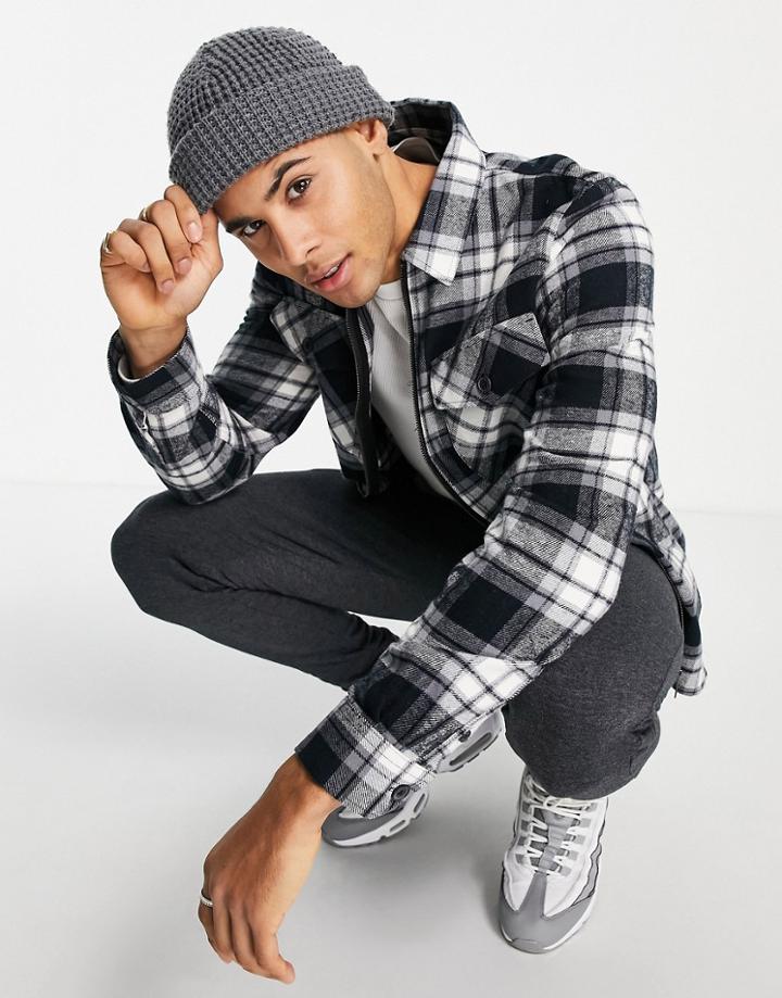Threadbare Twin Pocket Full Zip Check Shirt In Black