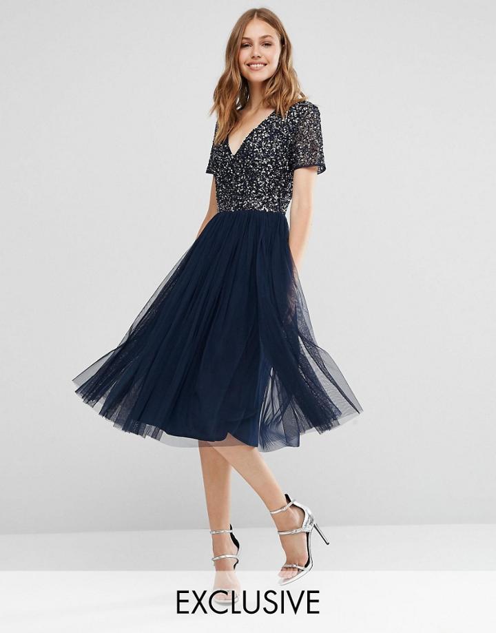 Maya V Neck Midi Tulle Dress With Tonal Delicate Sequins - Navy