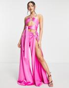 Asos Design Satin Ring Detail Cut Out Halter Jumpsuit In Bright Pink