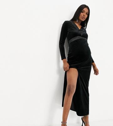 Jaded Rose Maternity Exclusive Velvet Maxi Dress With Satin Tuxedo Detail In Black