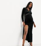 Jaded Rose Maternity Exclusive Velvet Maxi Dress With Satin Tuxedo Detail In Black