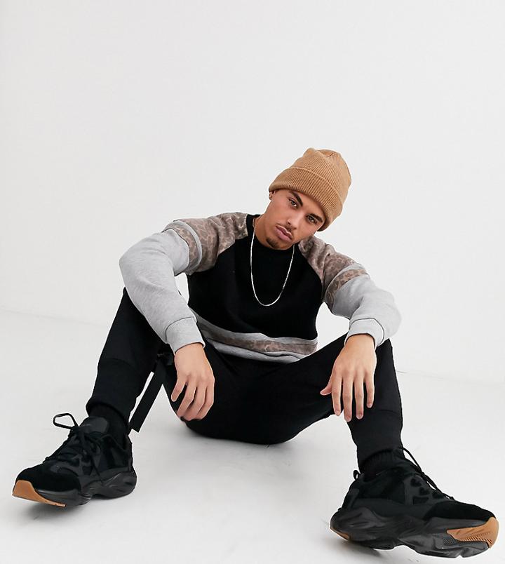 Only & Sons Leopard Print Panel Sleeve Sweat In Black