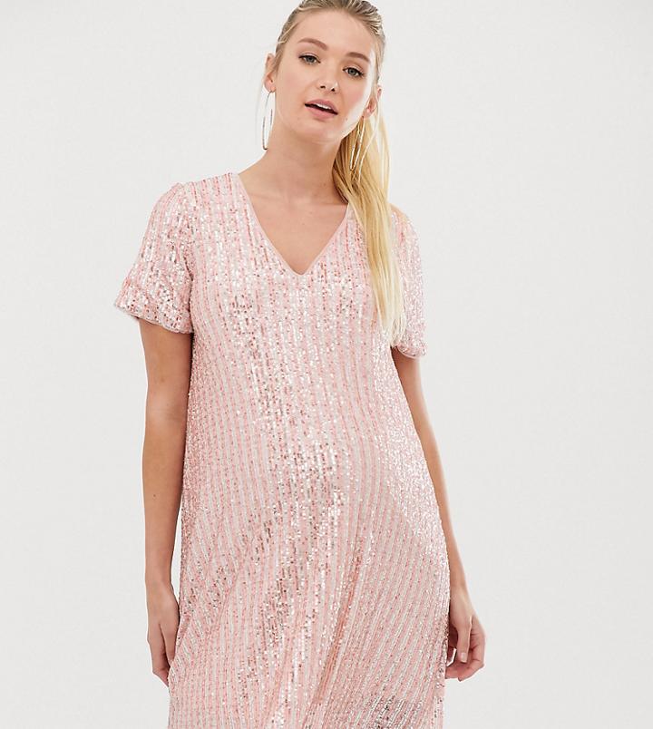 Tfnc Maternity Stripe Sequin T-shirt Dress In Pink And Silver - Multi